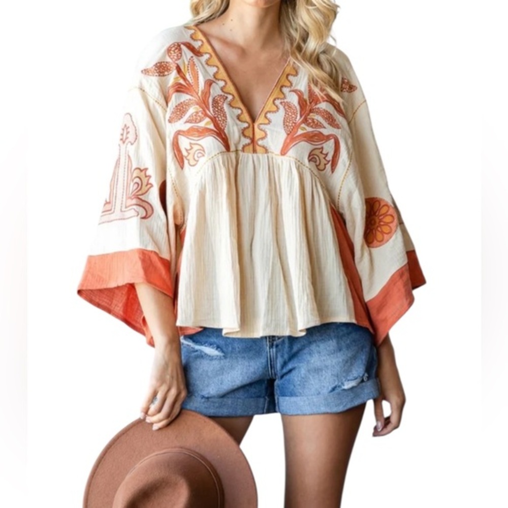 Bohemian Embroidered V-Neck Peasant Blouse - Cream & Rust